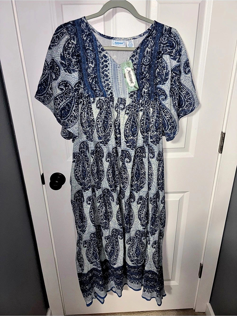 National Paisley Maxi Dress in Blue & White Size Medium NWT